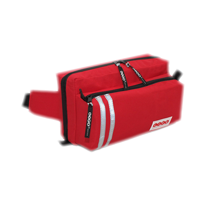 Cangurera de rescate roja para guardavidas con logotipos de seguridad.