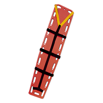 Camilla rígida de rescate naranja con orificios de agarre y diseño flotante.