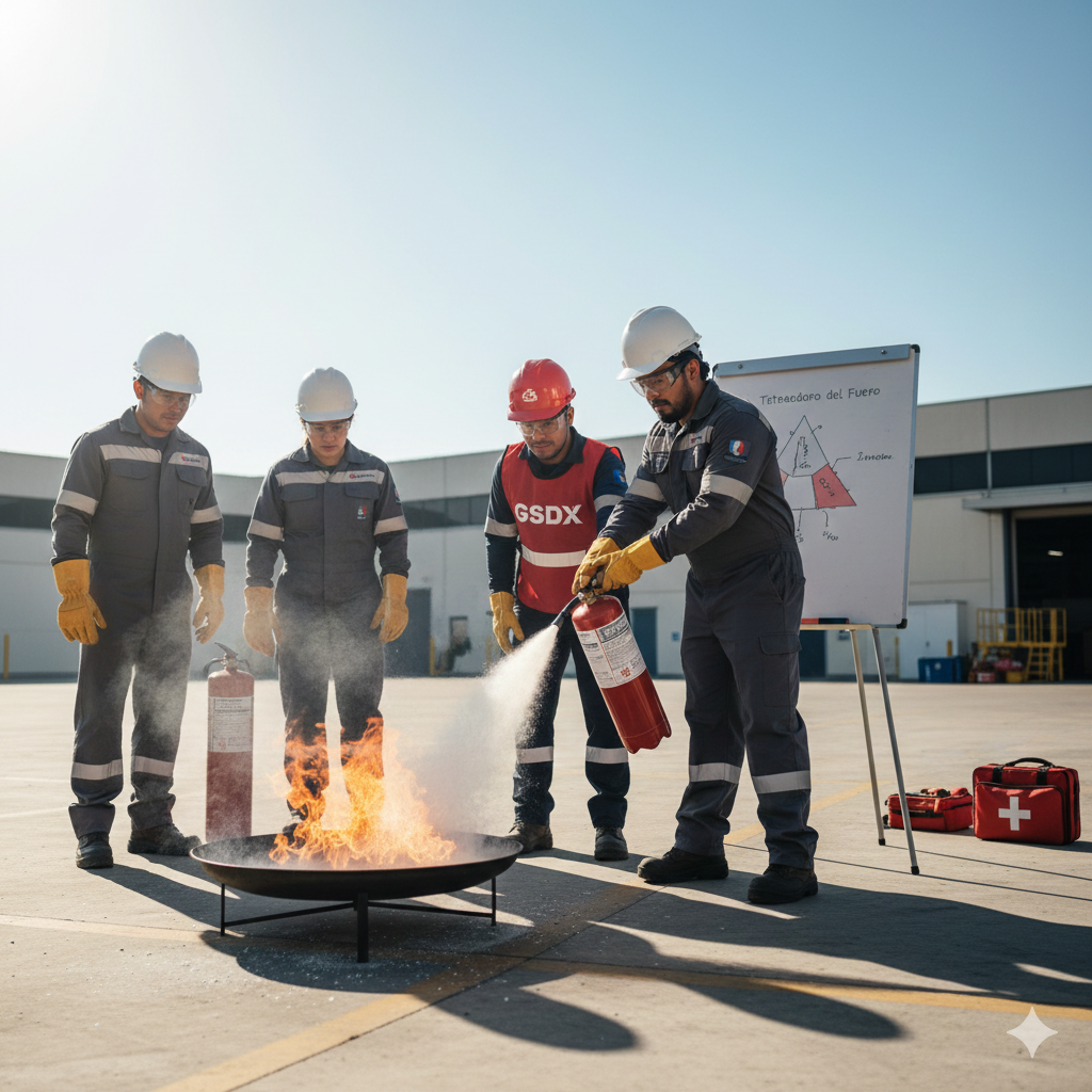 quipo de seguridad industrial practicando la técnica de descarga de un extintor de incendios durante una capacitación de protección civil.