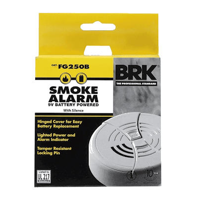 Detector de humo BRK FG250B con batería, empaque frontal mostrando características de alarma de seguridad