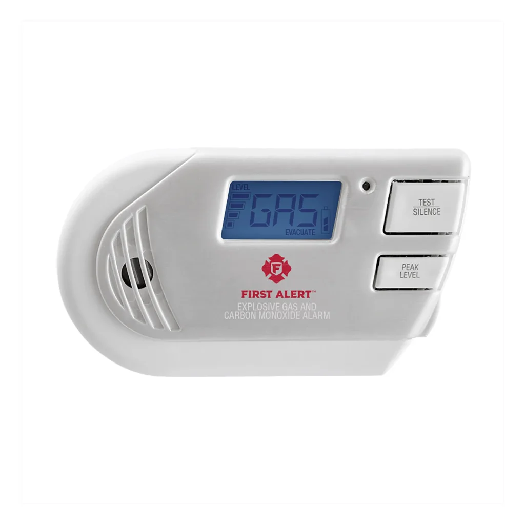 Detector de gas y monóxido de carbono First Alert GCO1 con display digital azul, botones test/silence y peak level, protección 3 en 1 con sensores electroquímico y óxido metálico